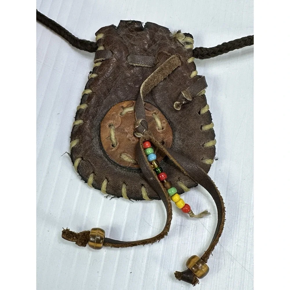 VTG Native American Leather Medicine Bag Beads Tribal Necklace Rawhide Stitching